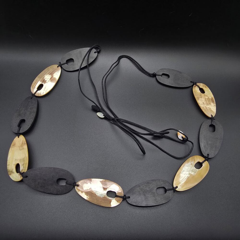 Black Shell Oval Belt Tie Cord Beachy Boho One Size